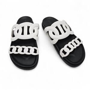 Hermes Extra Sandal Flat Slide Double Strap Black White Leather Size 38 US 8